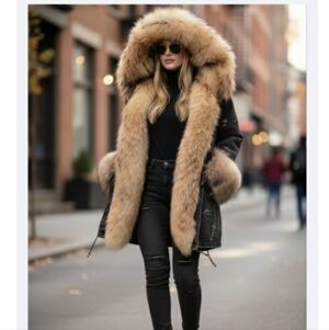 Women's Long Hooded Parka Faux Fur  Distressed Black Denim Statement Jacket